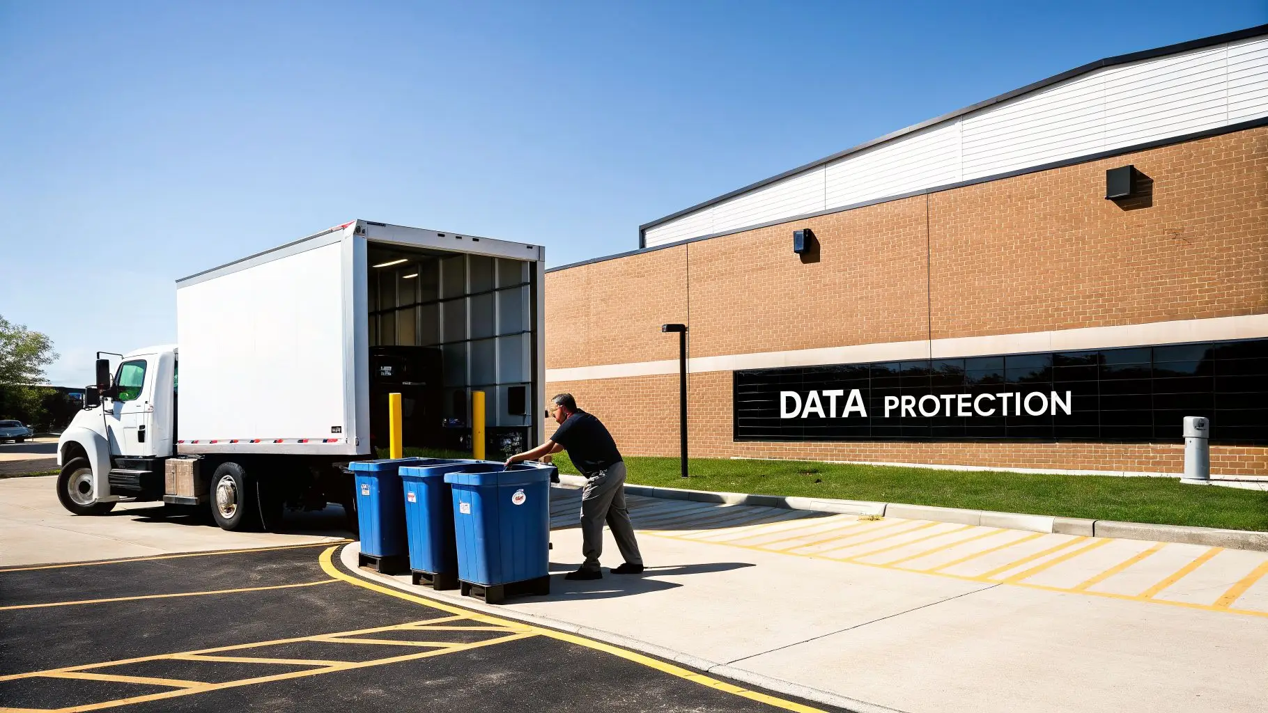 A worker loads secure data destruction bins into a white truck outside a building with a 'DATA PROTECTION' sign.