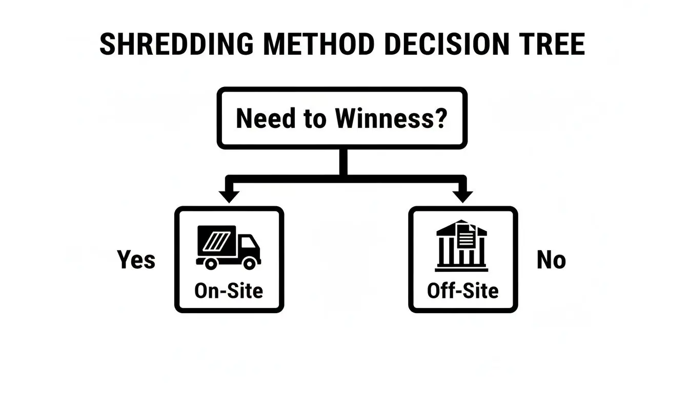 A decision tree illustrating shredding methods. The question 'Need to Witness?' leads to 'On-Site' for yes and 'Off-Site' for no.
