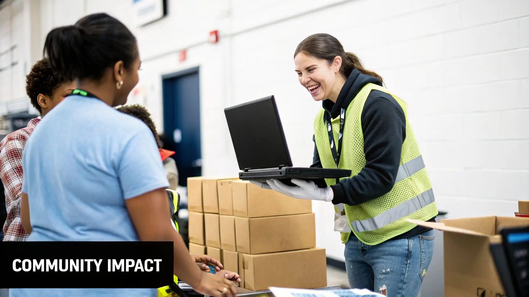 A smiling woman in a safety vest holds a laptop while interacting with other volunteers near boxes.
