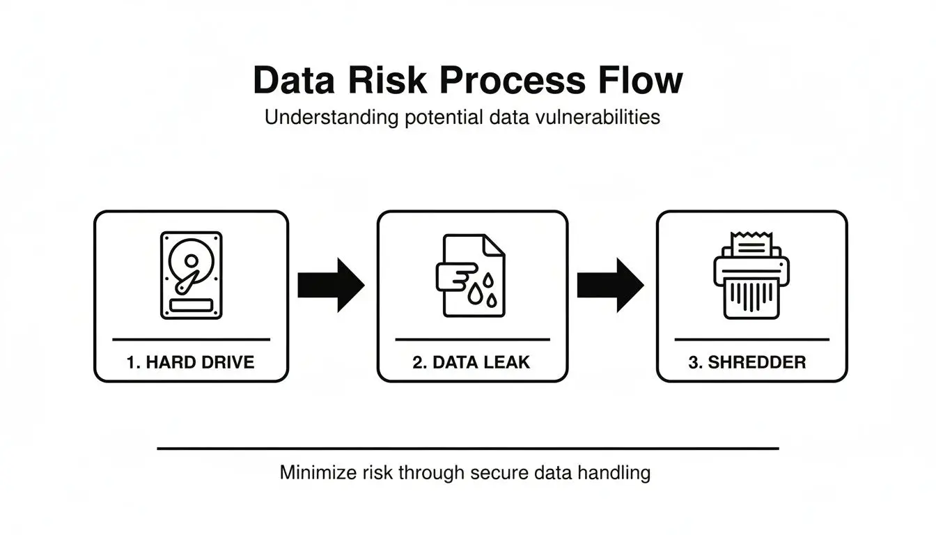 Data risk process flow illustrating hard drive, data leak, and secure shredding for risk minimization.