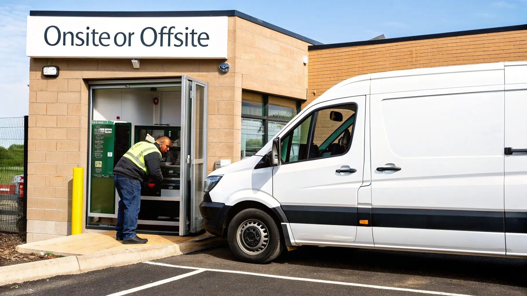 A worker in a high-visibility vest operates an outdoor self-service unit next to a white delivery van.