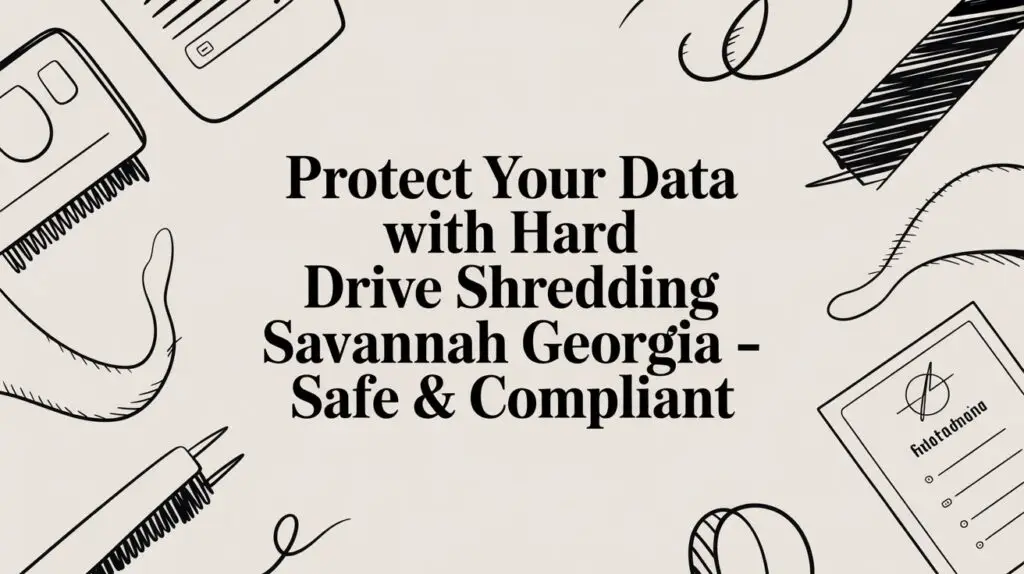 Text on a beige background reads: “Protect Your Data with Hard Drive Shredding Savannah Georgia - Safe & Compliant,” surrounded by black line drawings of a hard drive, paper, and shredding devices.