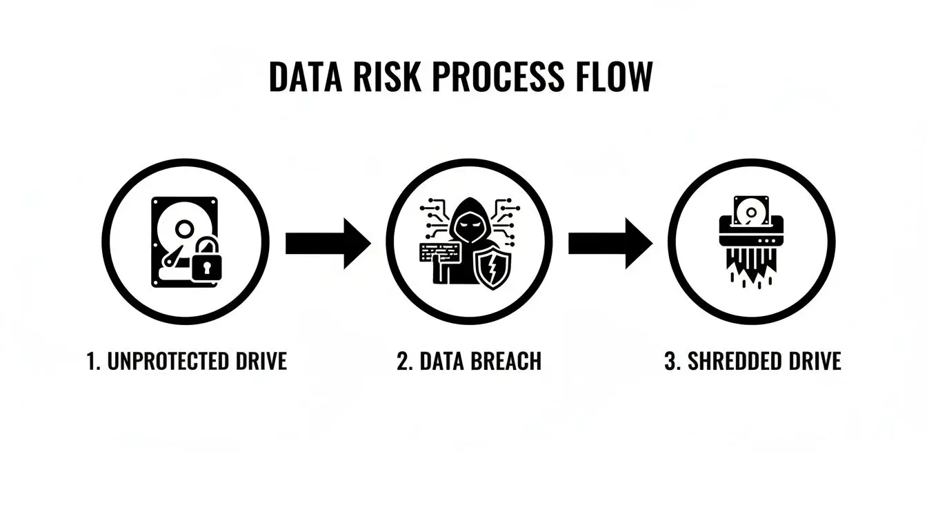 Infographic showing data risk process flow: an unprotected drive, leading to a data breach, and finally a shredded drive.