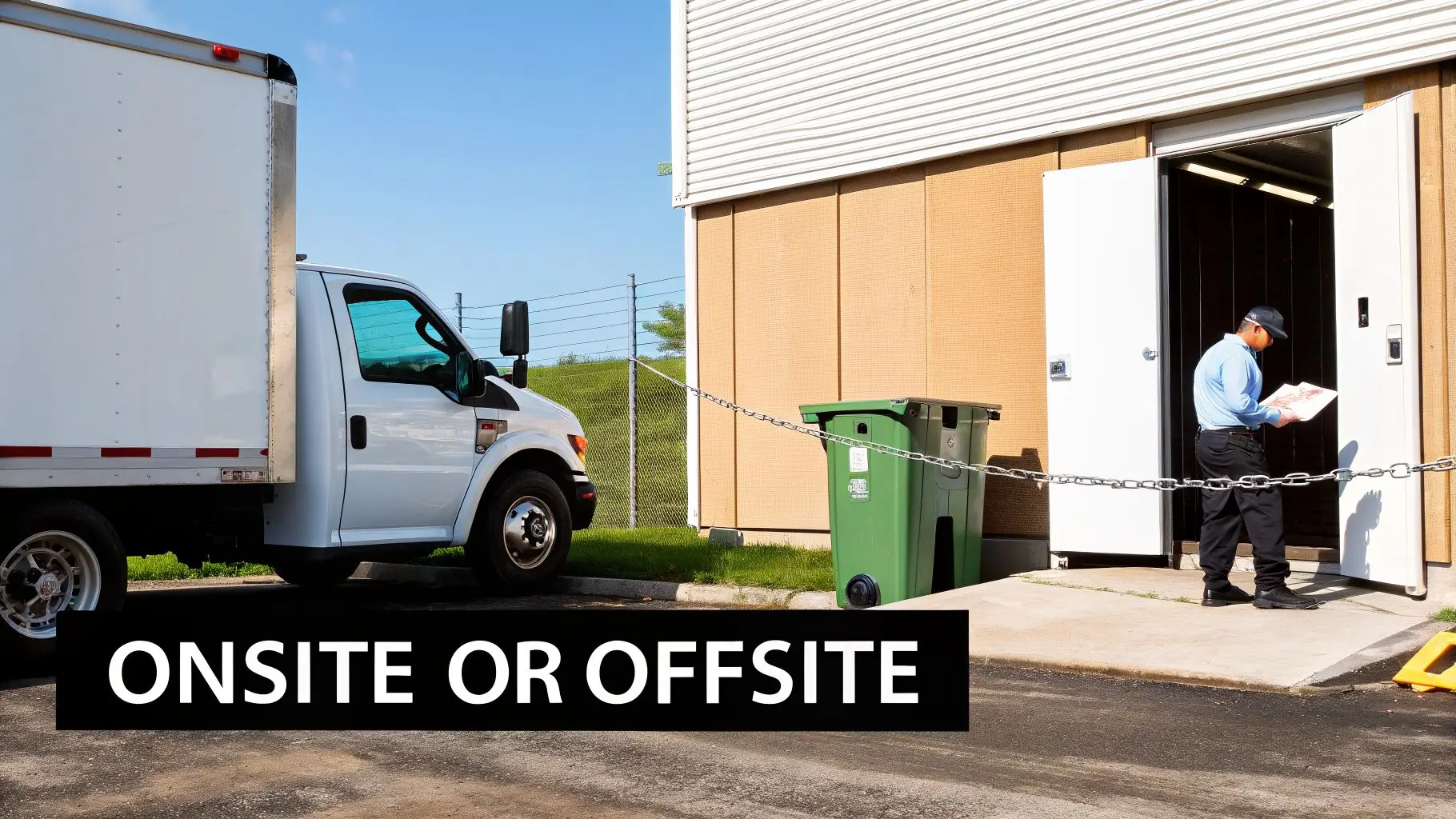 A white service truck parked at a commercial building, with a worker holding documents near a chained entrance.