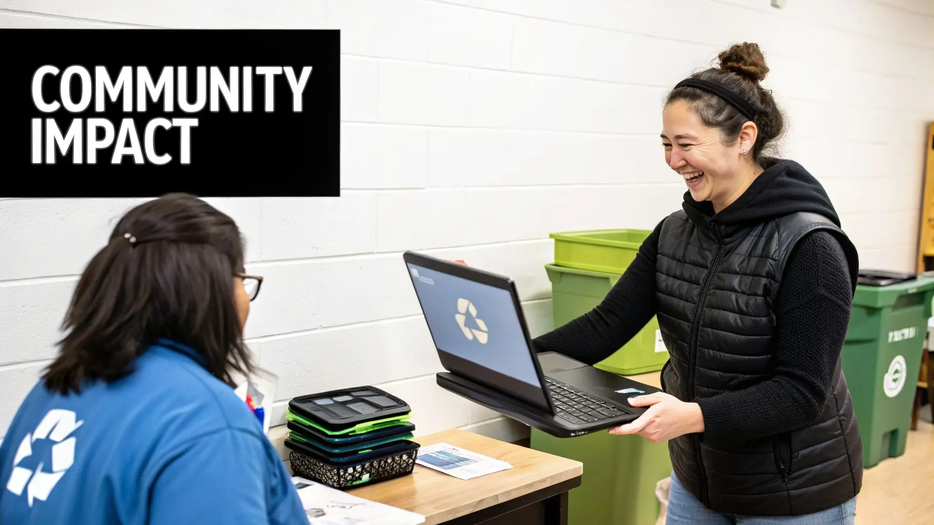 A woman smiles while presenting a laptop with a recycling logo to another person, with a 'COMMUNITY IMPACT' sign.