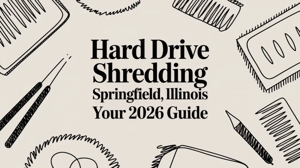 Text reads "Hard Drive Shredding Springfield, Illinois Your 2026 Guide" on a light background with black sketch-style drawings of shredders, hard drives, and tools around the edges.