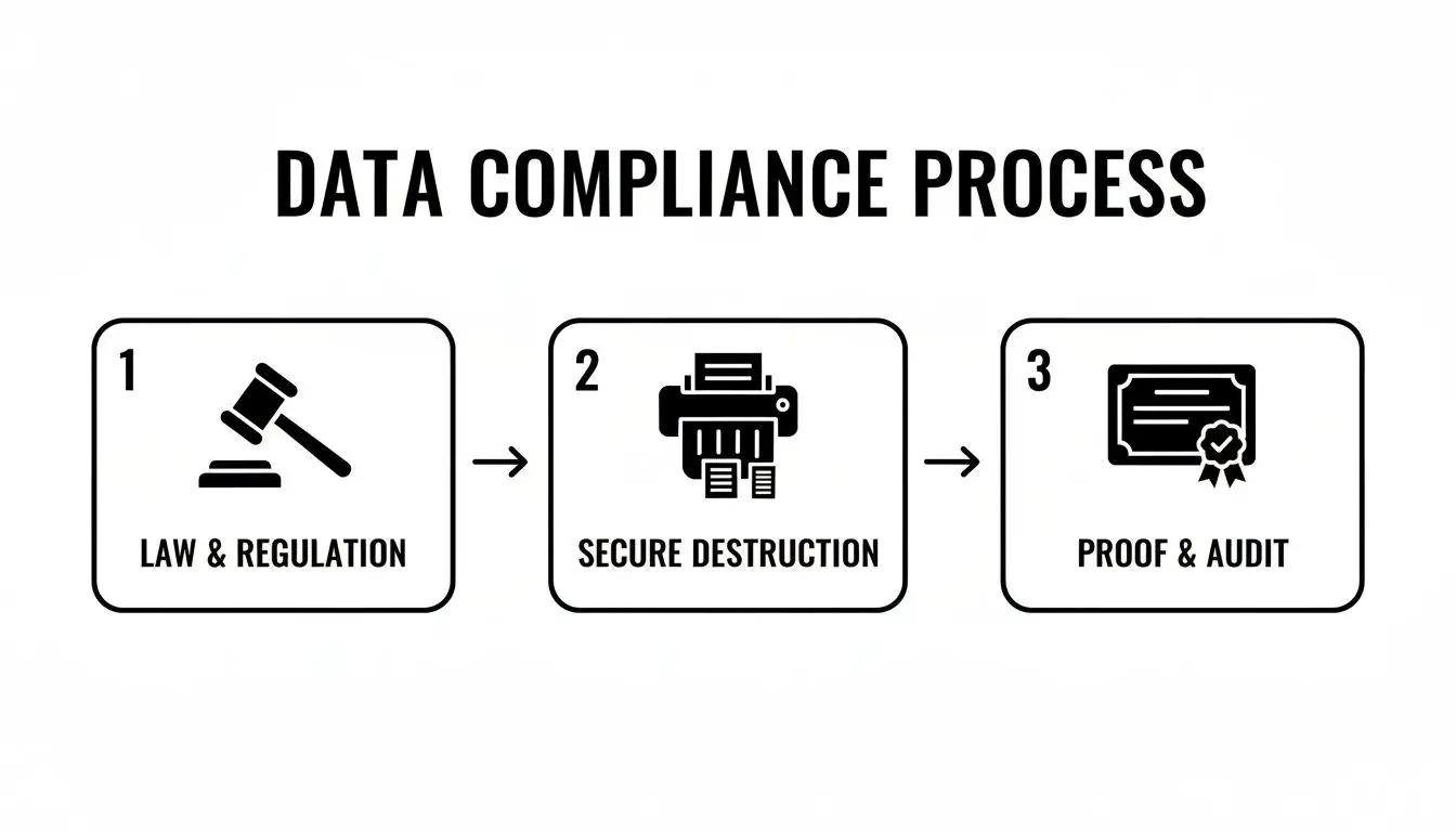 A diagram outlining a three-step data compliance process: law, secure destruction, and proof & audit.