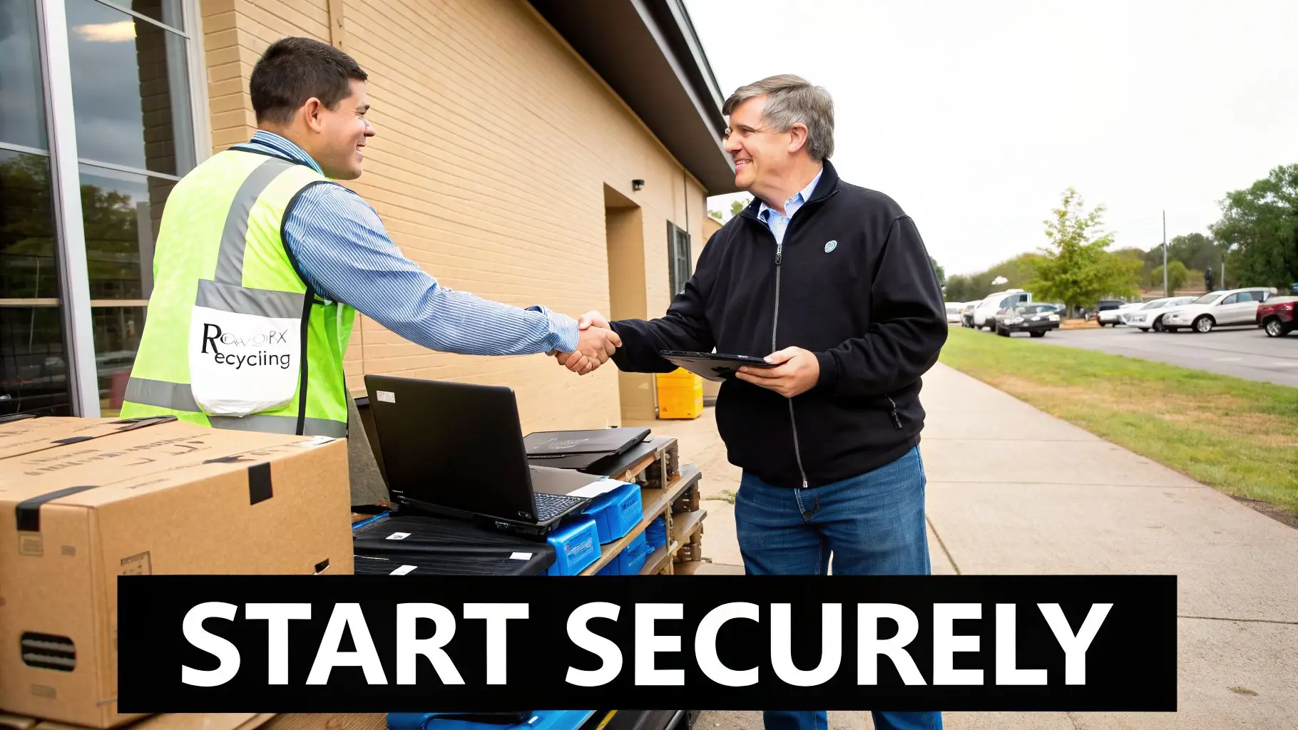 A man in a safety vest shakes hands with a customer at an outdoor electronic recycling collection point.