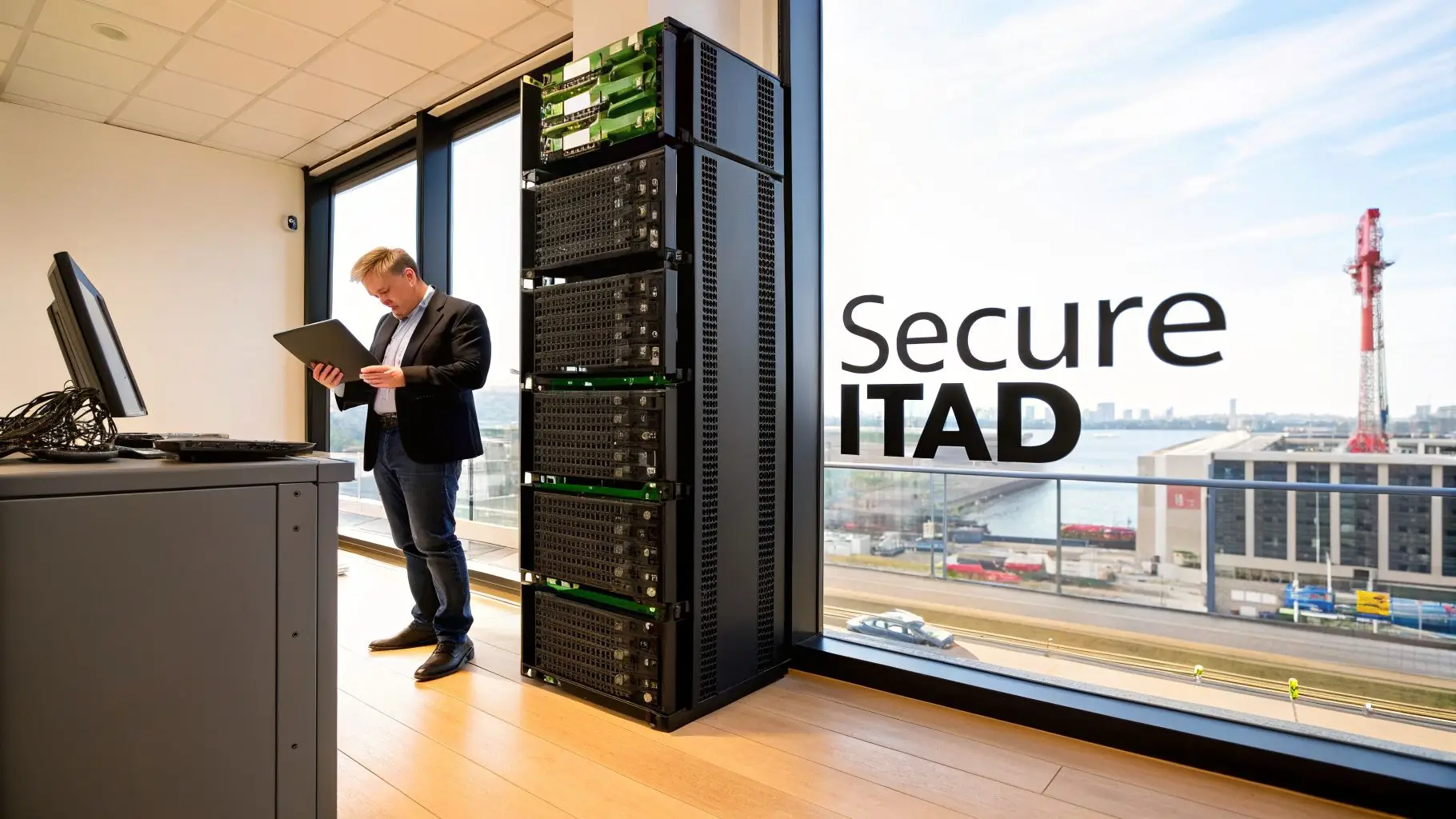 A man in a modern office reviews a document next to server racks and a window showing "Secure ITAD".