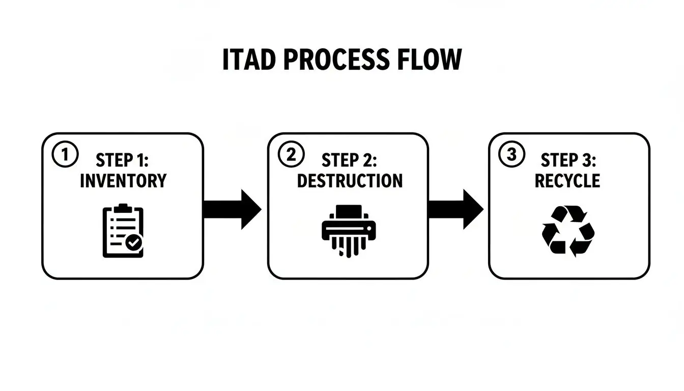 ITAD process flow diagram detailing steps: inventory, destruction, and recycling of IT assets.