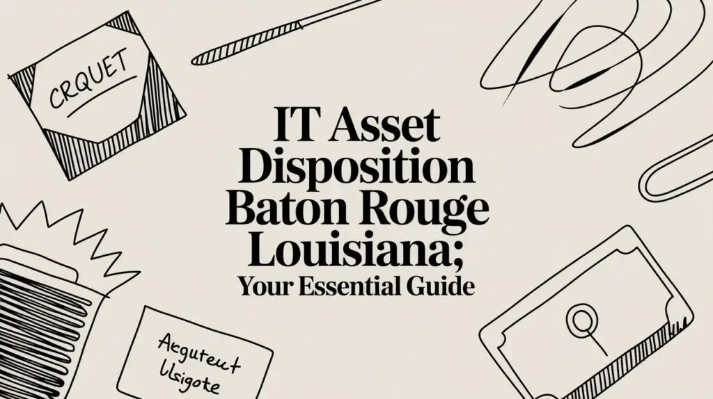 Text reads "IT Asset Disposition Baton Rouge Louisiana; Your Essential Guide" with abstract line drawings of a racket, note, disk, and shapes in the background.
