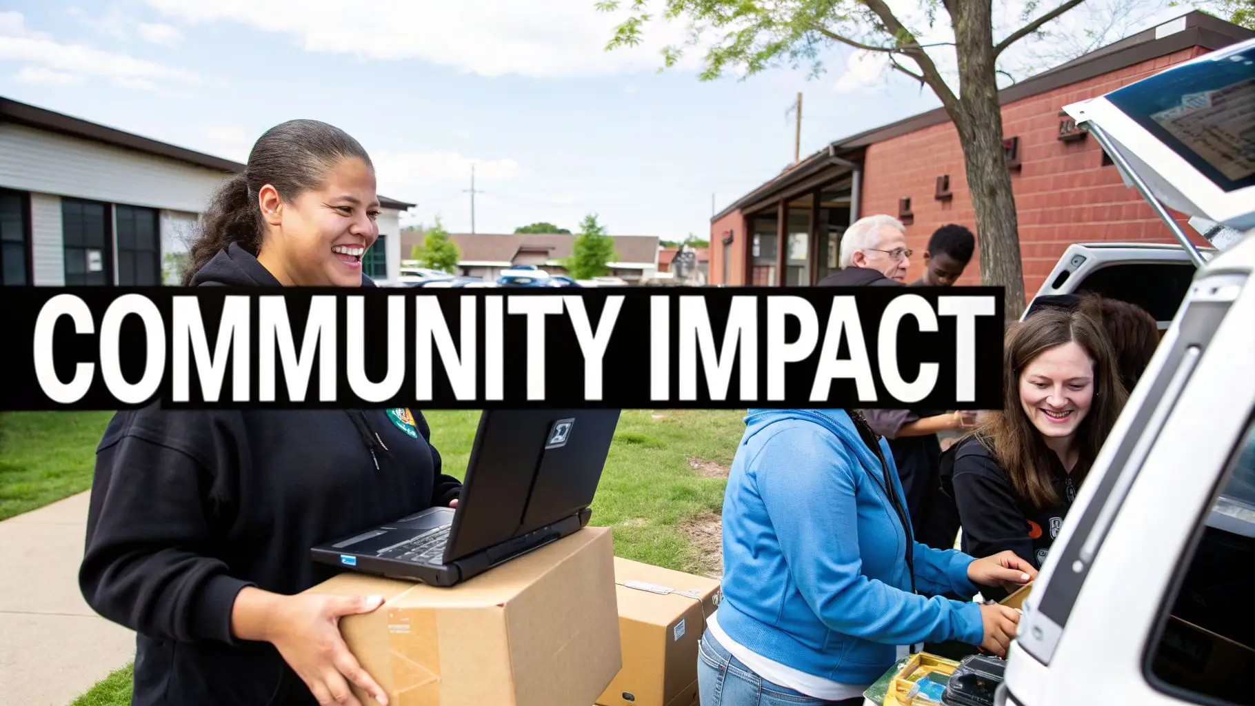 Smiling volunteers with boxes and a laptop at an outdoor community event, under a 'COMMUNITY IMPACT' banner.
