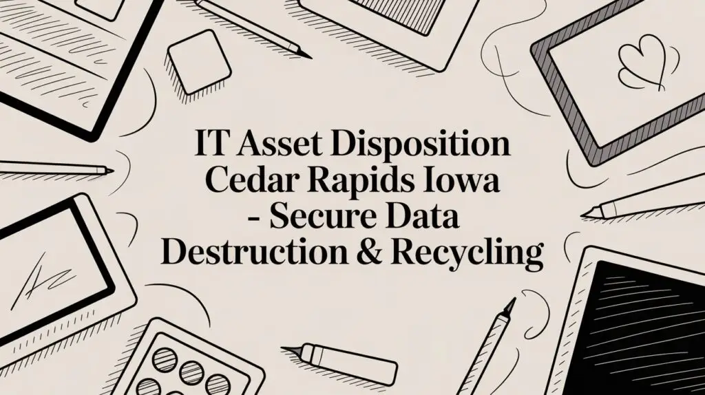 Illustrated electronic devices and stationery surround text reading "IT Asset Disposition Cedar Rapids Iowa - Secure Data Destruction & Recycling.