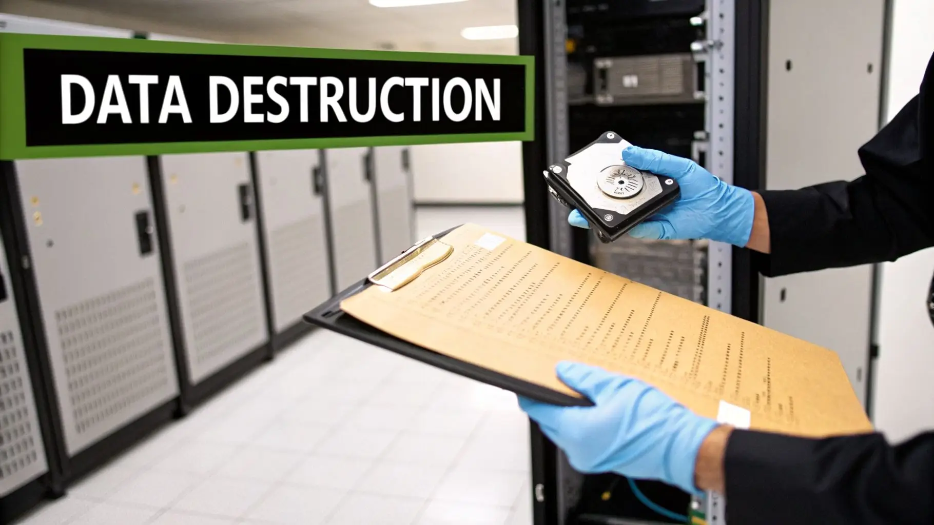 Gloved hands hold a hard drive and document in a server room with a 'DATA DESTRUCTION' sign.
