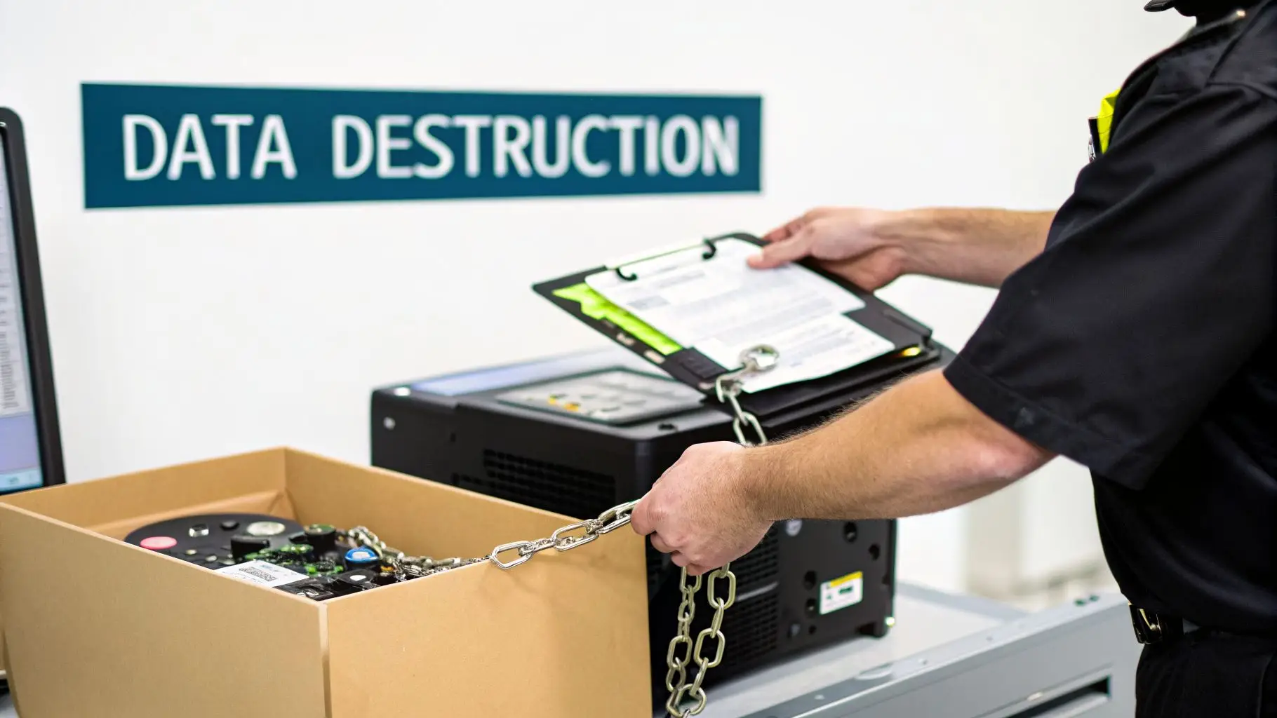 A person handles hard drives and a chain for secure data destruction, holding a clipboard.