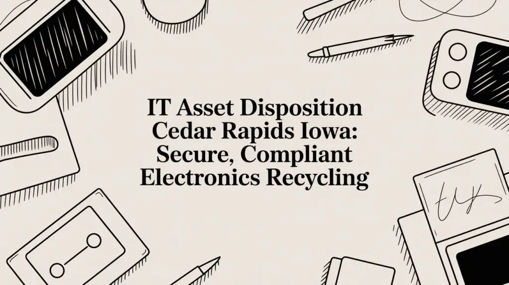 Text reads &ldquo;IT Asset Disposition Cedar Rapids Iowa: Secure, Compliant Electronics Recycling&rdquo; surrounded by illustrated electronics and stationery items on a light background.