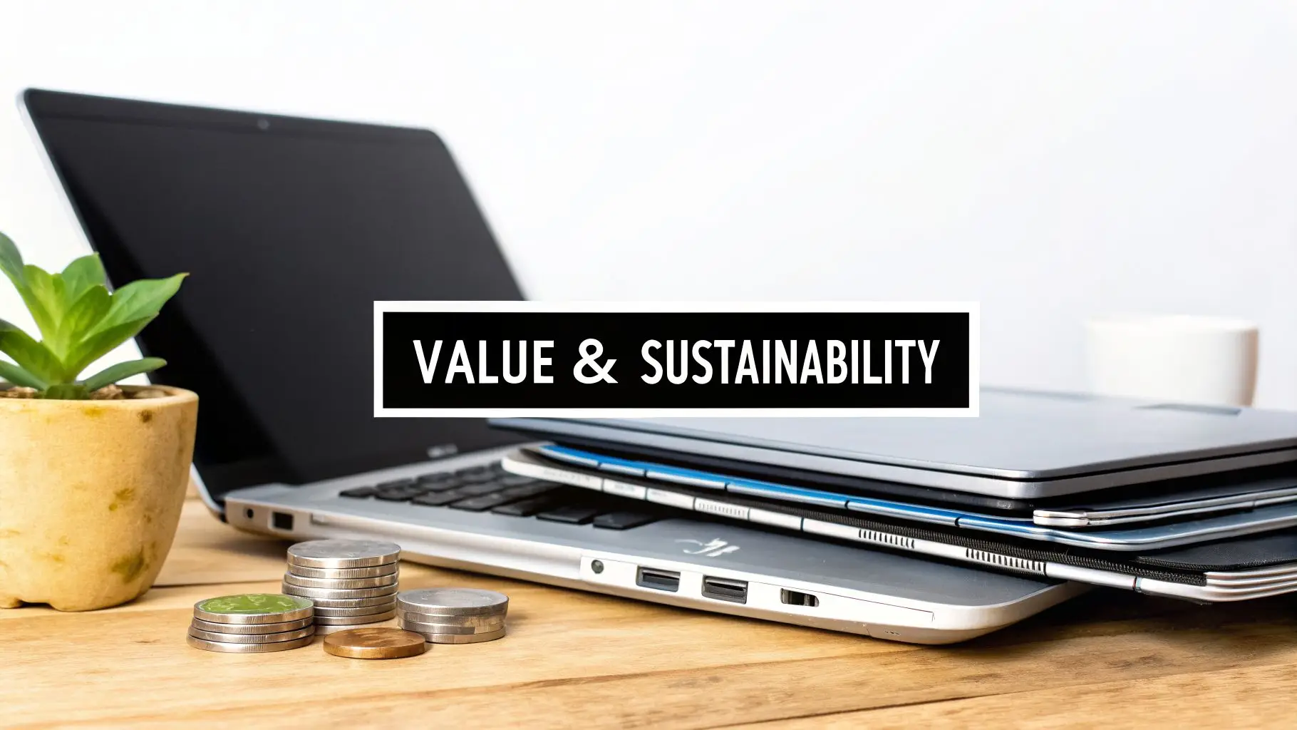 A desk with a laptop, stacked coins, a plant, and the text 'VALUE & SUSTAINABILITY', representing IT asset management.
