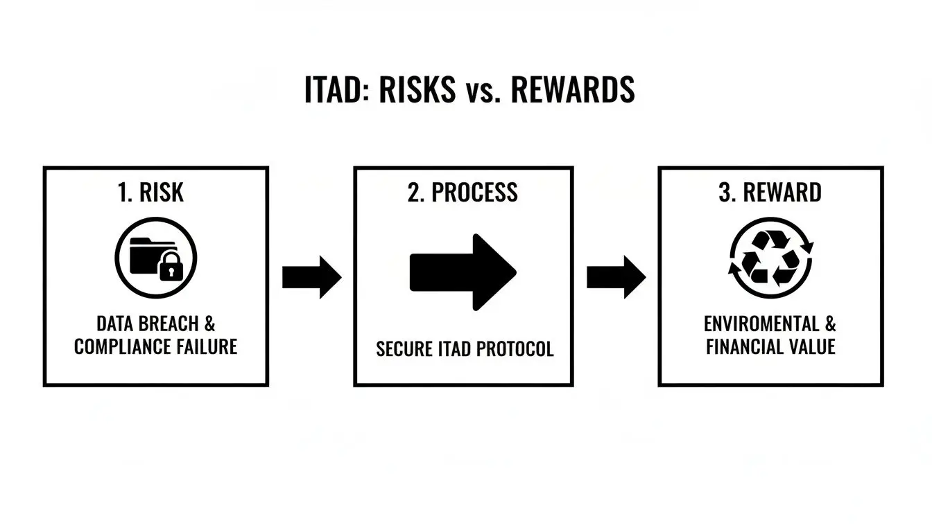 Flowchart illustrating IT asset disposition risks like data breaches versus rewards like environmental and financial value.