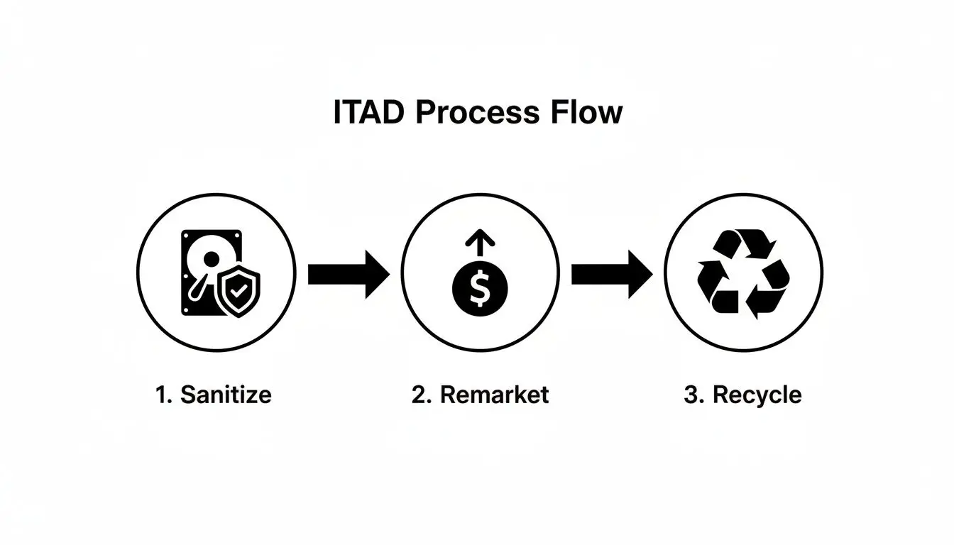 ITAD process flow showing sanitize, remarket, and recycle steps with icons.