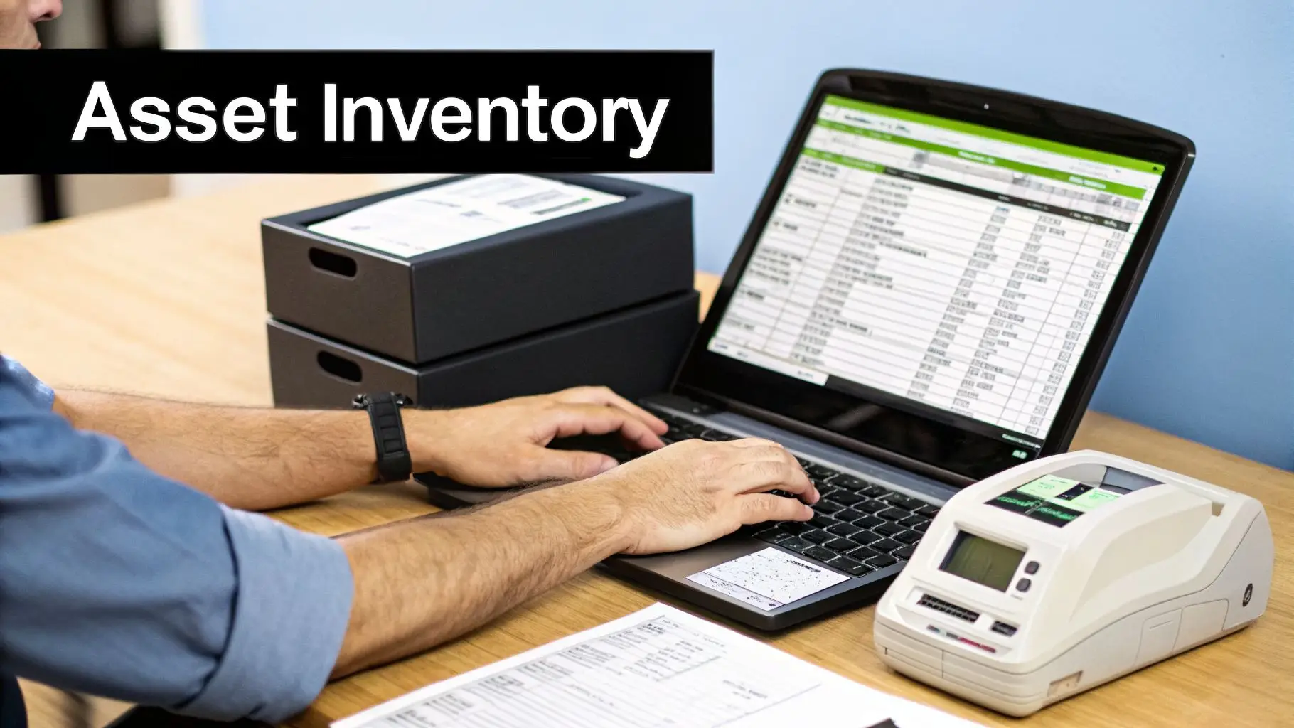 A person manages an asset inventory on a laptop, with a label maker and documents on the desk.