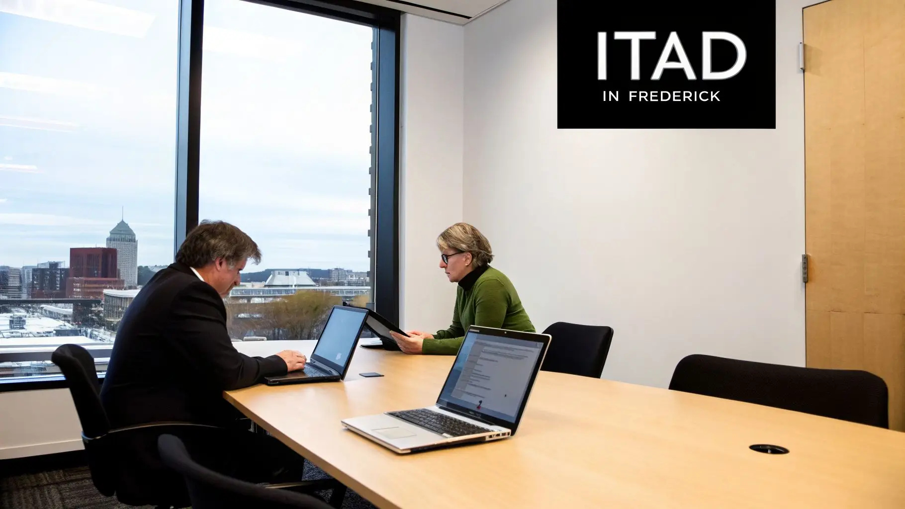 Two professionals use laptops at a conference table in an office overlooking Frederick, Maryland.