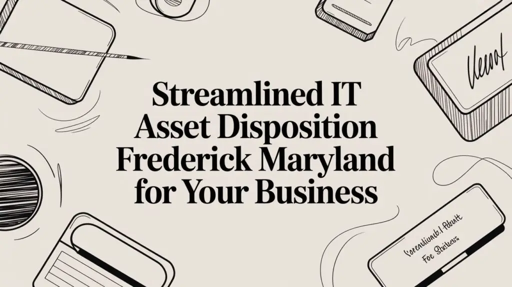 Text reading "Streamlined IT Asset Disposition Frederick Maryland for Your Business" is centered on a light background, surrounded by sketched office items like a pen, tablet, and a card labeled "International Plastics for Business.