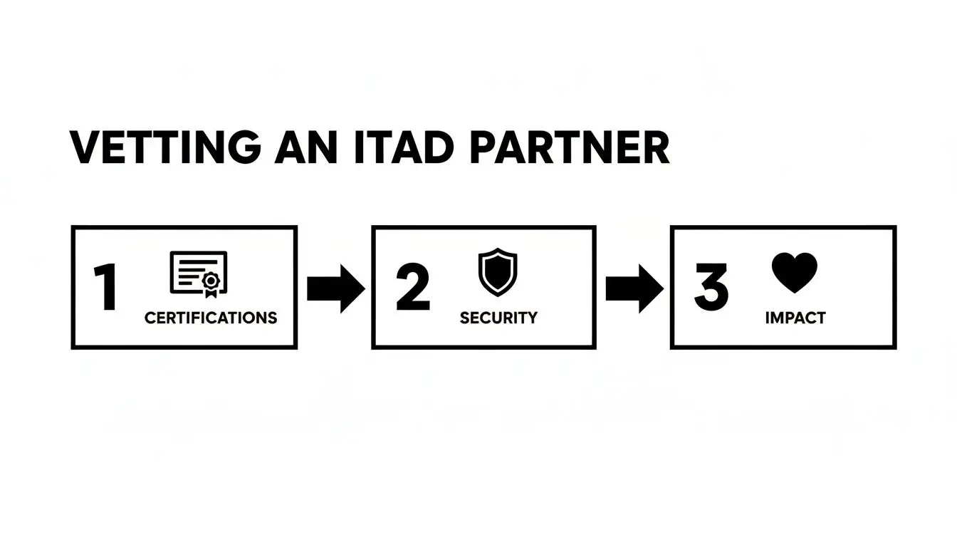 A three-step process diagram for vetting an ITAD partner: certifications, security, and impact.