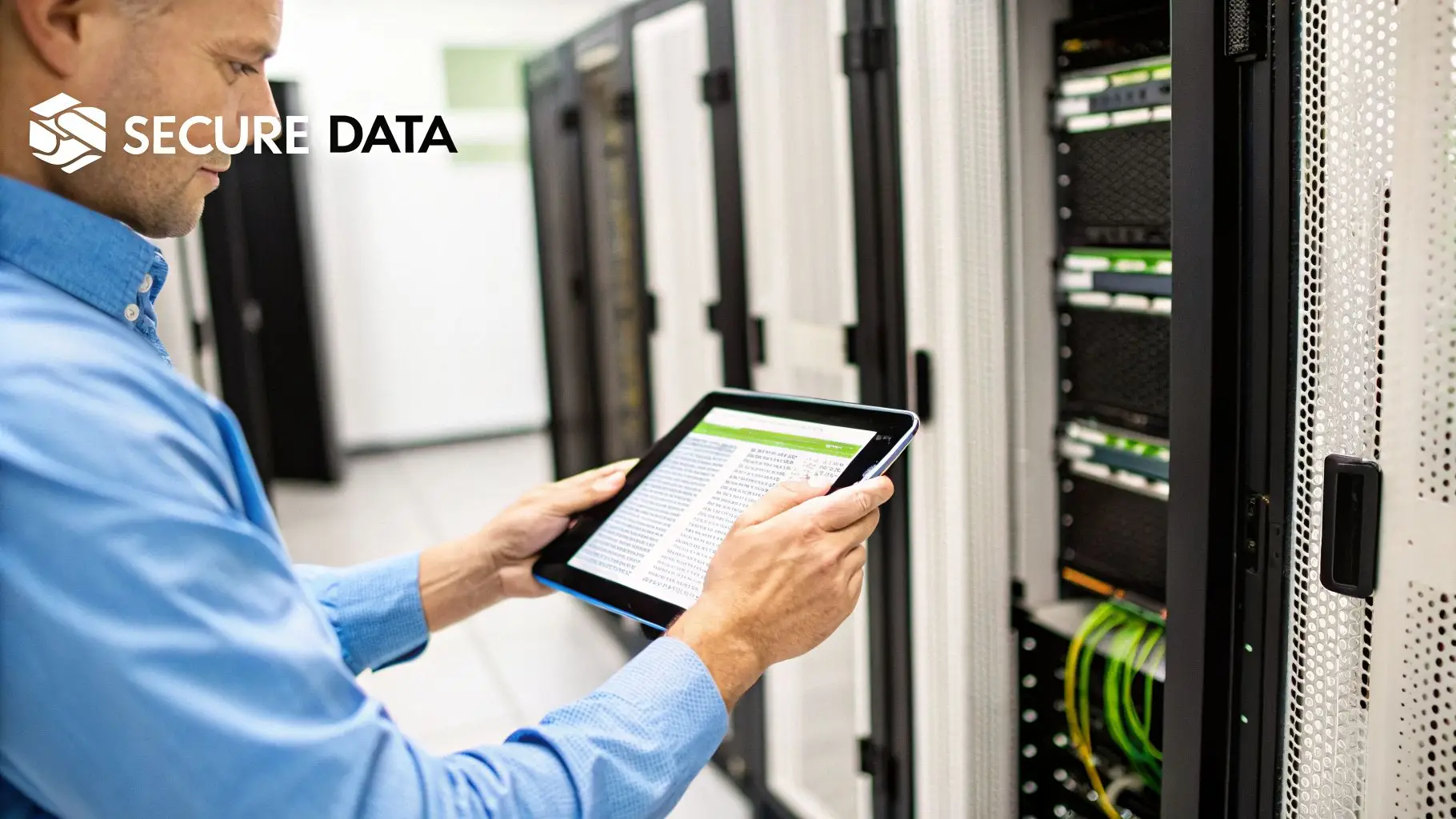 A man in a server room examines data on a tablet, surrounded by secure server racks, with 'SECURE DATA' logo.