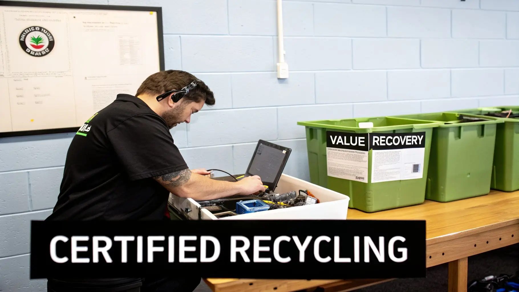 A man in headphones works on a laptop, processing electronics for certified recycling and value recovery.
