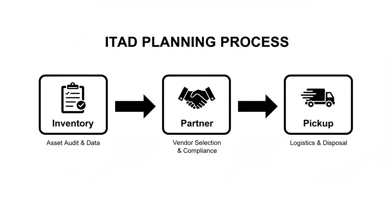 A visual representation of the ITAD planning process, outlining inventory, partner selection, and pickup stages.