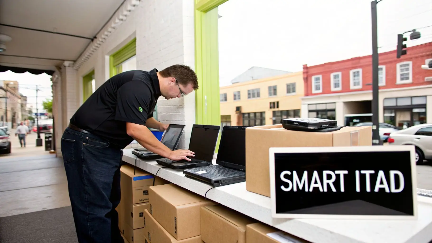 Man configuring several laptops on a counter, with cardboard boxes and a "SMART ITAD" sign.