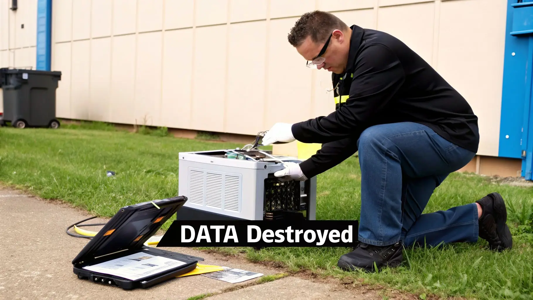 IT technician in gloves and glasses destroying a computer for secure data destruction outdoors.