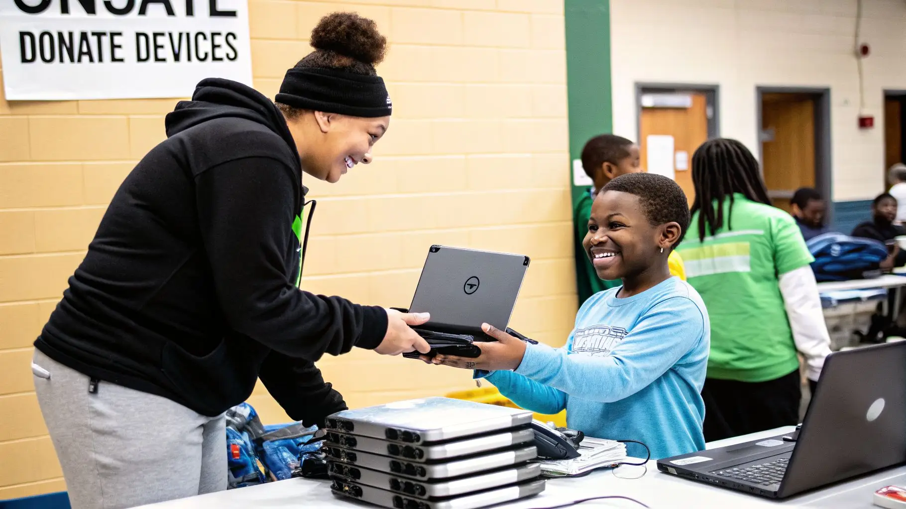 A happy child receives a new tablet from an adult at a technology donation event.