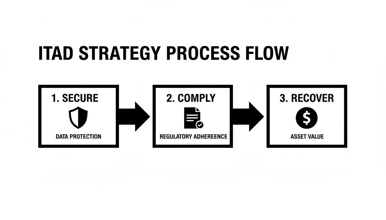 ITAD strategy process flow diagram showing steps to secure data, comply with regulations, and recover asset value.