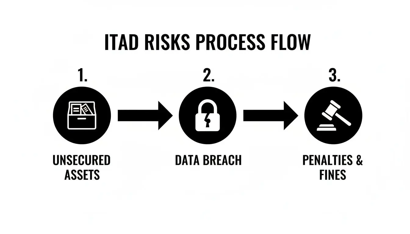 Process flow showing ITAD risks: unsecured assets leading to data breaches and legal penalties.