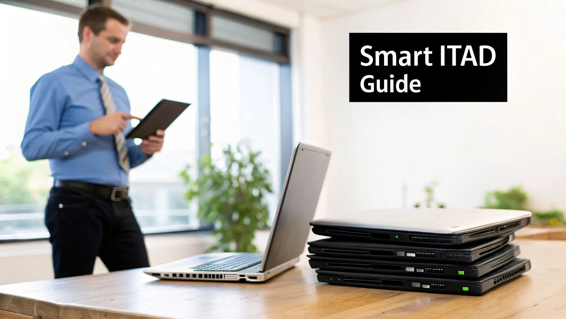 A professional in an office setting, interacting with a tablet, with laptops and a 'Smart ITAD Guide' sign.