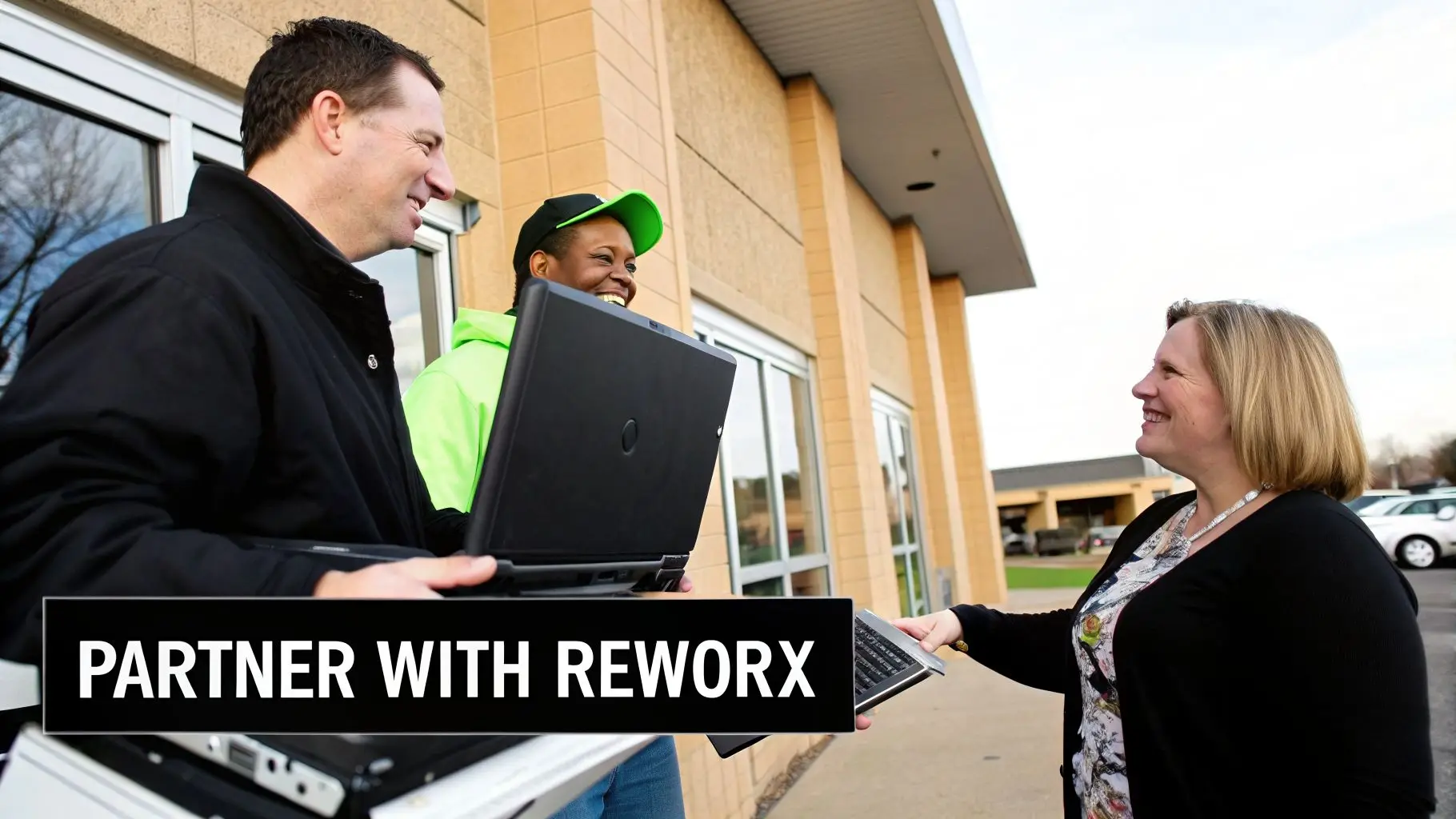 Three smiling people exchange laptops outdoors, suggesting IT asset disposition or equipment transfer.
