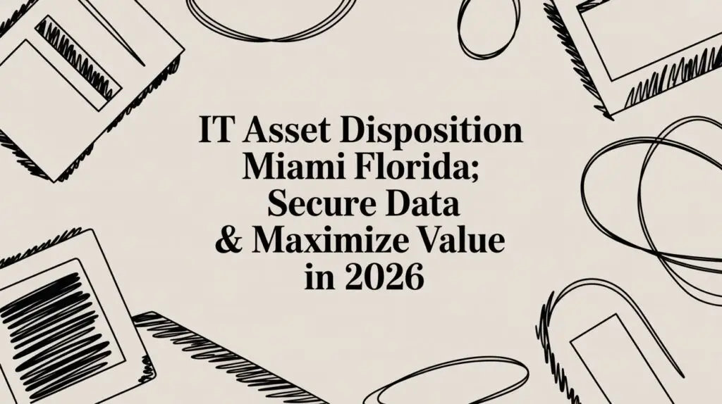 Abstract background with sketch-like outlines of rectangles and ovals. Centered black text reads: "IT Asset Disposition Miami Florida; Secure Data & Maximize Value in 2026".