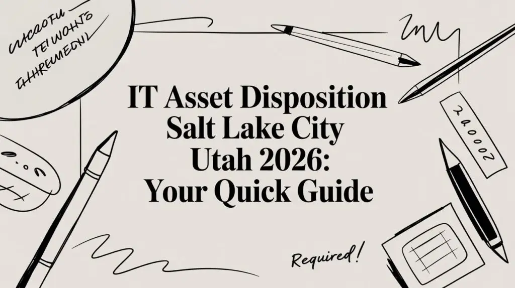 A graphic with hand-drawn pens, papers, and text reading: "IT Asset Disposition Salt Lake City Utah 2026: Your Quick Guide." Additional scribbles, including "Required!" and other notes, appear around the text.