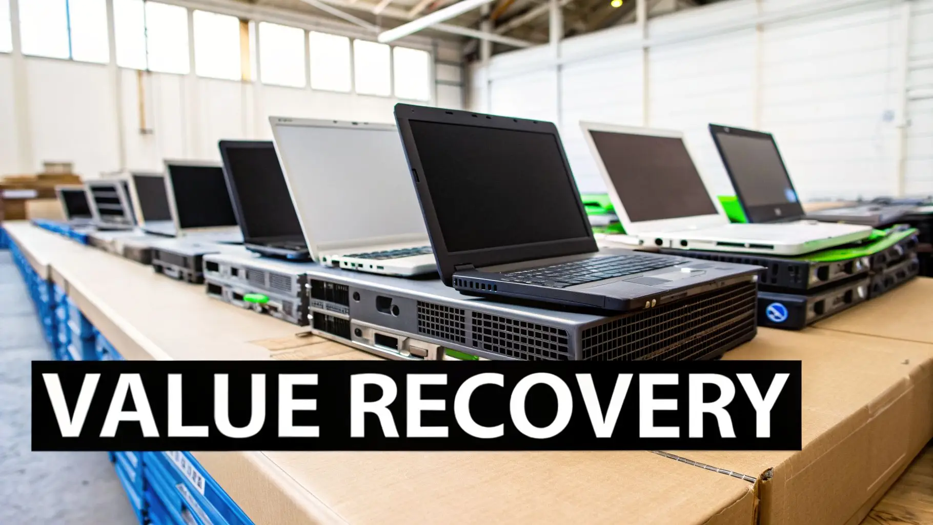 A row of laptops and server equipment on tables, with 'VALUE RECOVERY' overlaid.