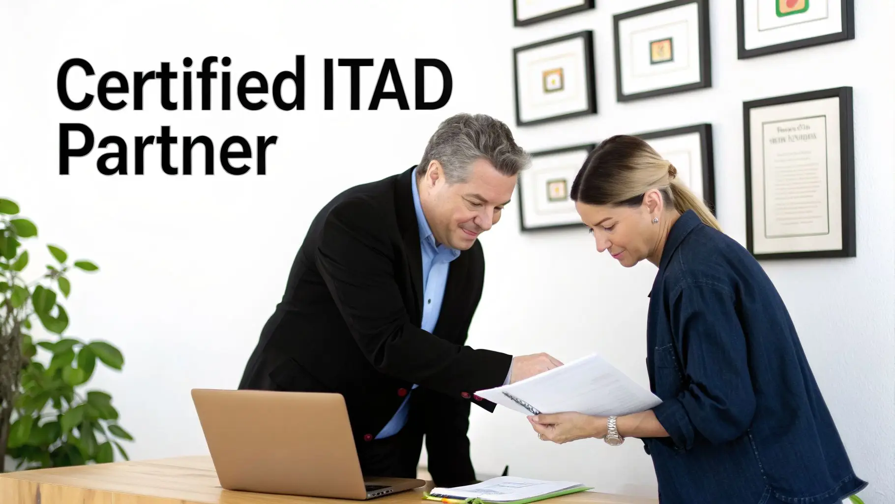 Two business partners, a man and a woman, reviewing documents at a desk with a laptop, under 'Certified ITAD Partner' text.