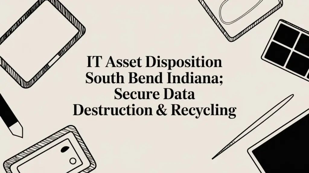 Illustration with outlined drawings of electronics and office items framing the text "IT Asset Disposition South Bend Indiana; Secure Data Destruction & Recycling" on a light background.