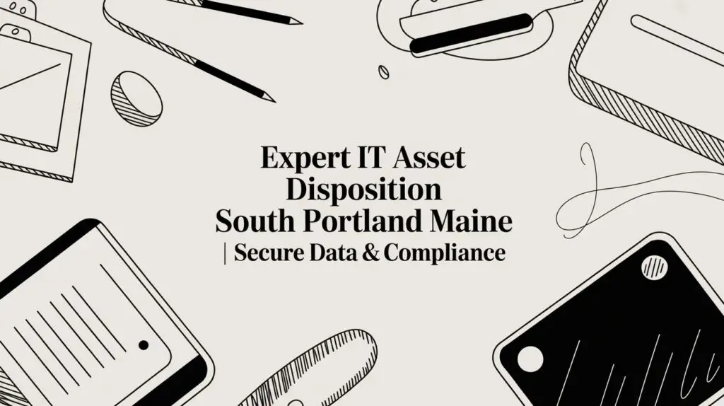 Graphic with illustrated tech devices and stationery surrounding the text "Expert IT Asset Disposition South Portland Maine | Secure Data & Compliance" on a beige background.