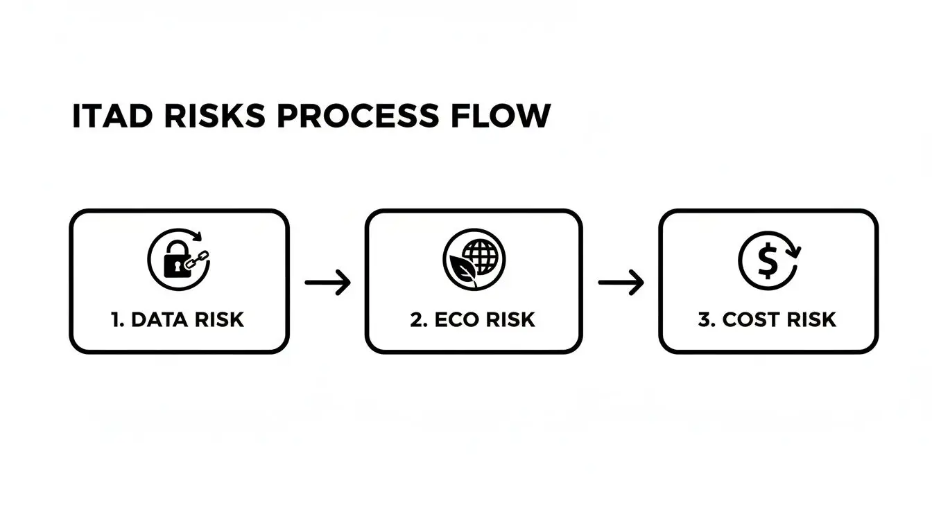 A process flow diagram illustrates ITAD risks, outlining data, eco, and cost considerations.