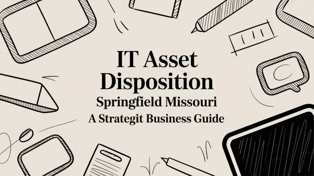Illustrated office supplies surround the text "IT Asset Disposition, Springfield Missouri, A Strategit Business Guide" on a beige background.