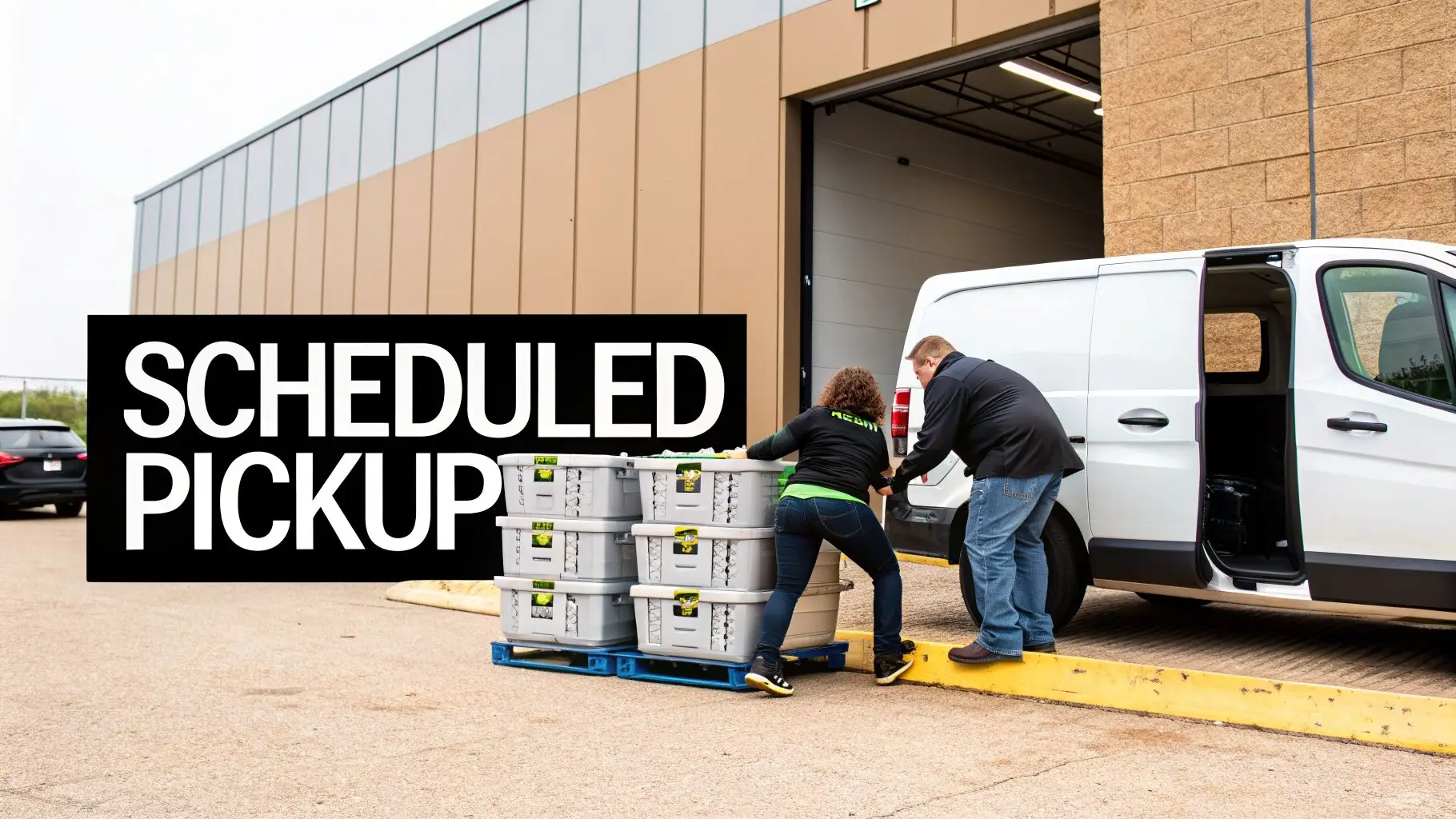 Two workers loading grey storage bins from a pallet into a white delivery van for a scheduled pickup.