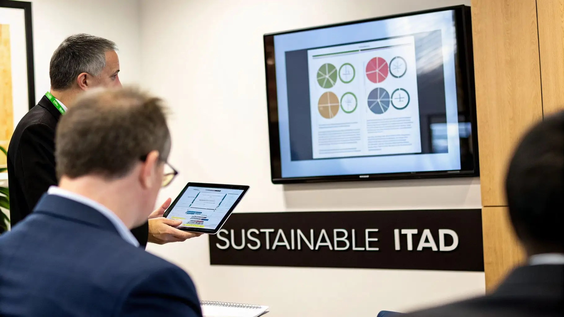 People attending a business presentation, viewing charts on a tablet and large screen labeled 'Sustainable ITAD'.