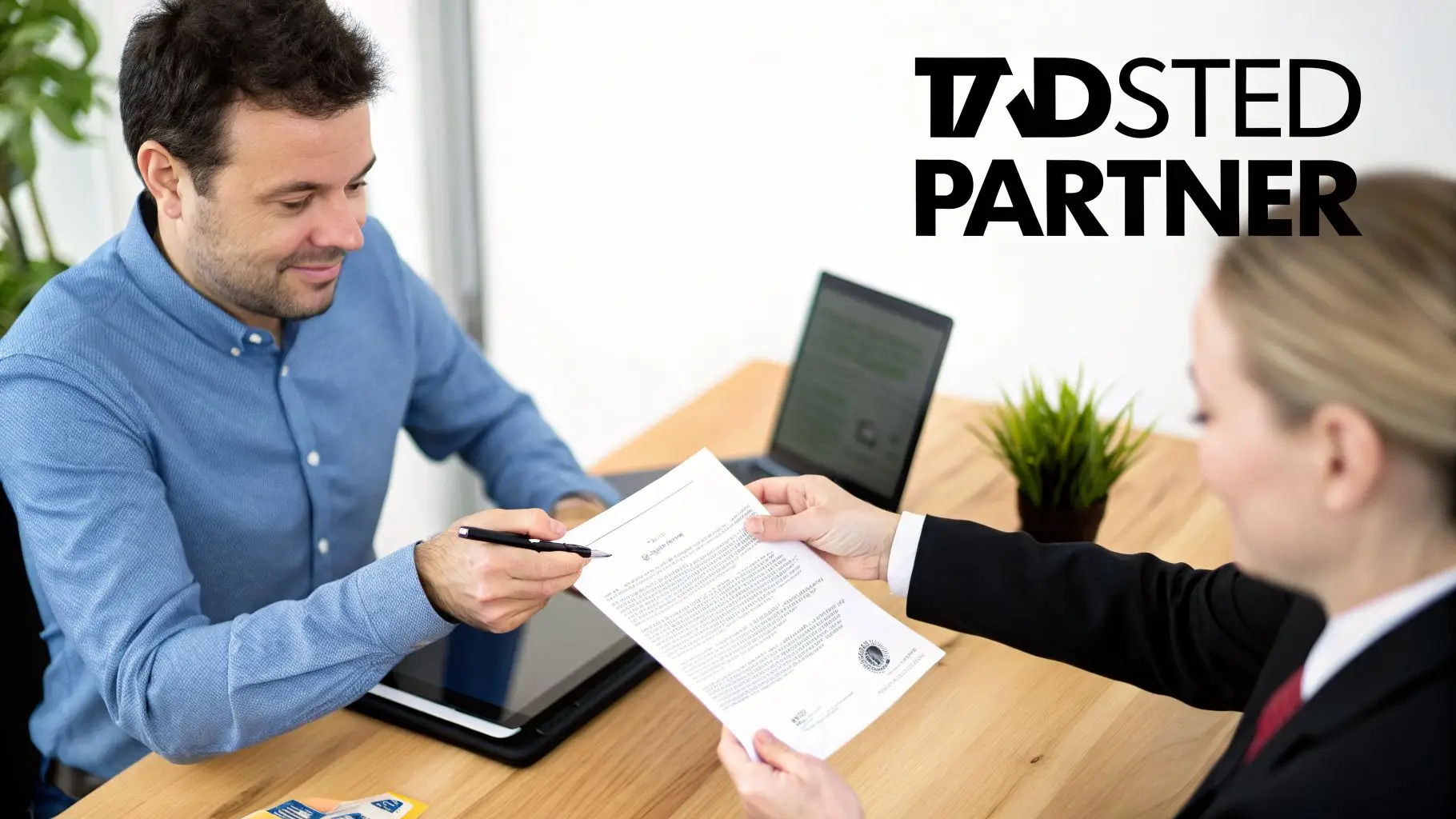 A man signs a document presented by a woman in a professional office setting.