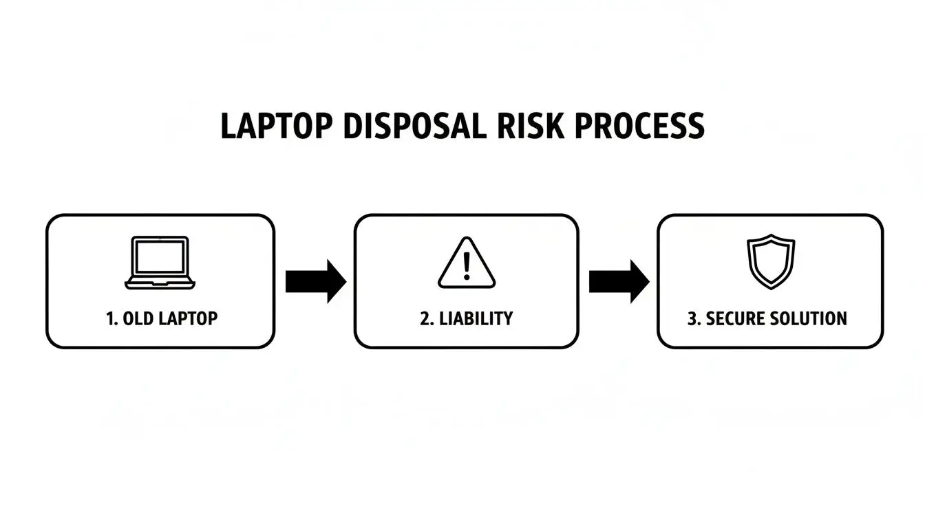 Flowchart illustrating the laptop disposal risk process, from old laptop to potential liability and a secure solution.