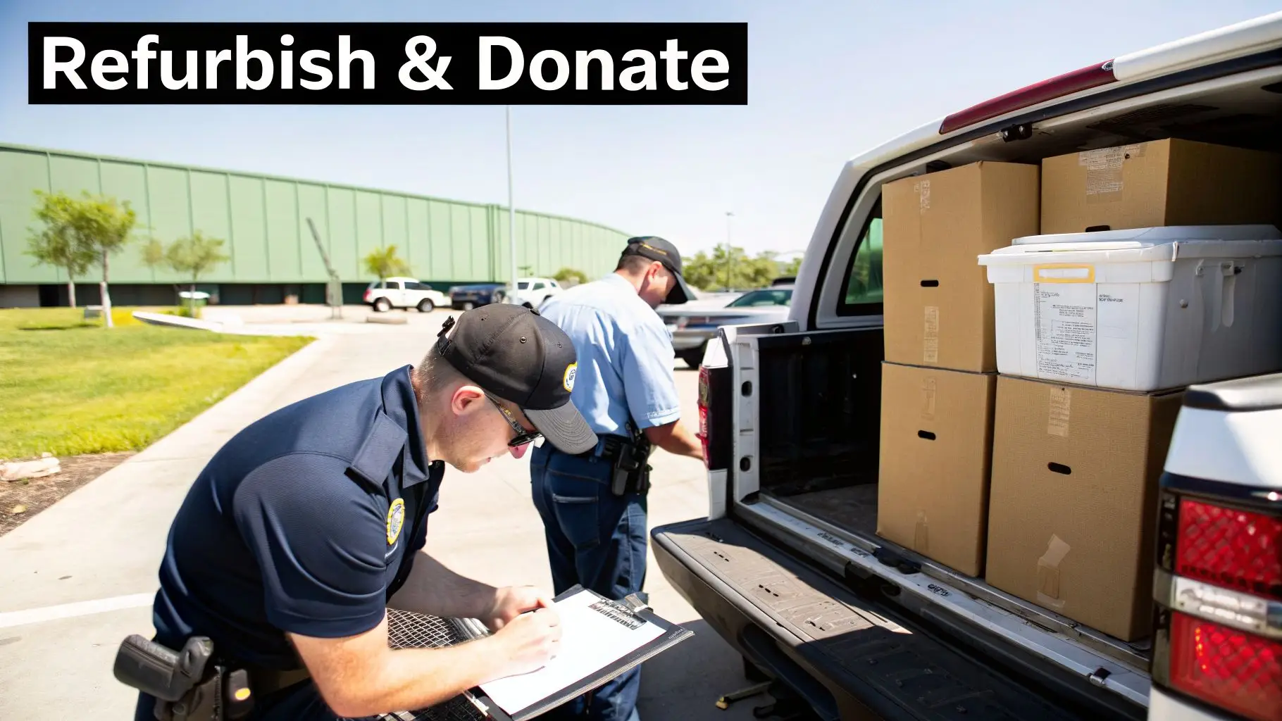 Two men preparing and loading boxes into a truck for refurbishment and donation.